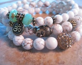 SET of 3 Bracelets: Bronze Tierracast Buddha Head, Om Charm Mint blue green Czech rondells and white Howlite and pave beads stretch bracele