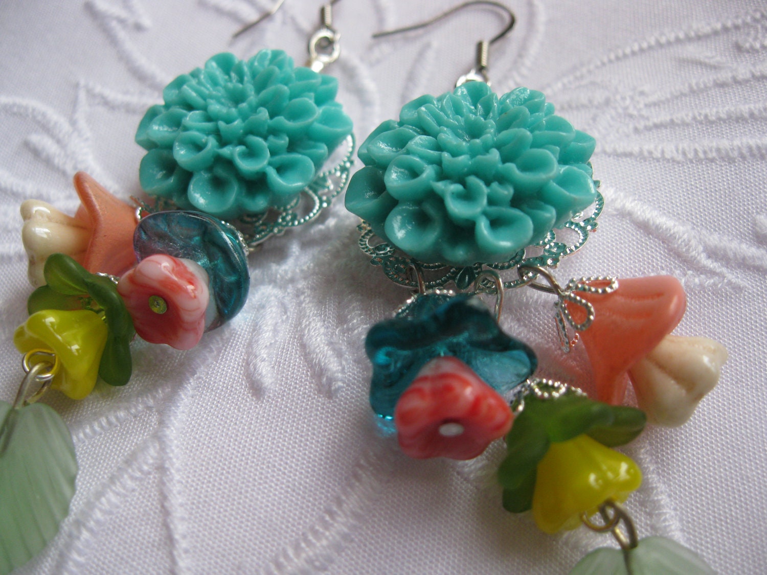 Turquoise Flower Earrings with Springtime Flower Dangles and Green Leaf