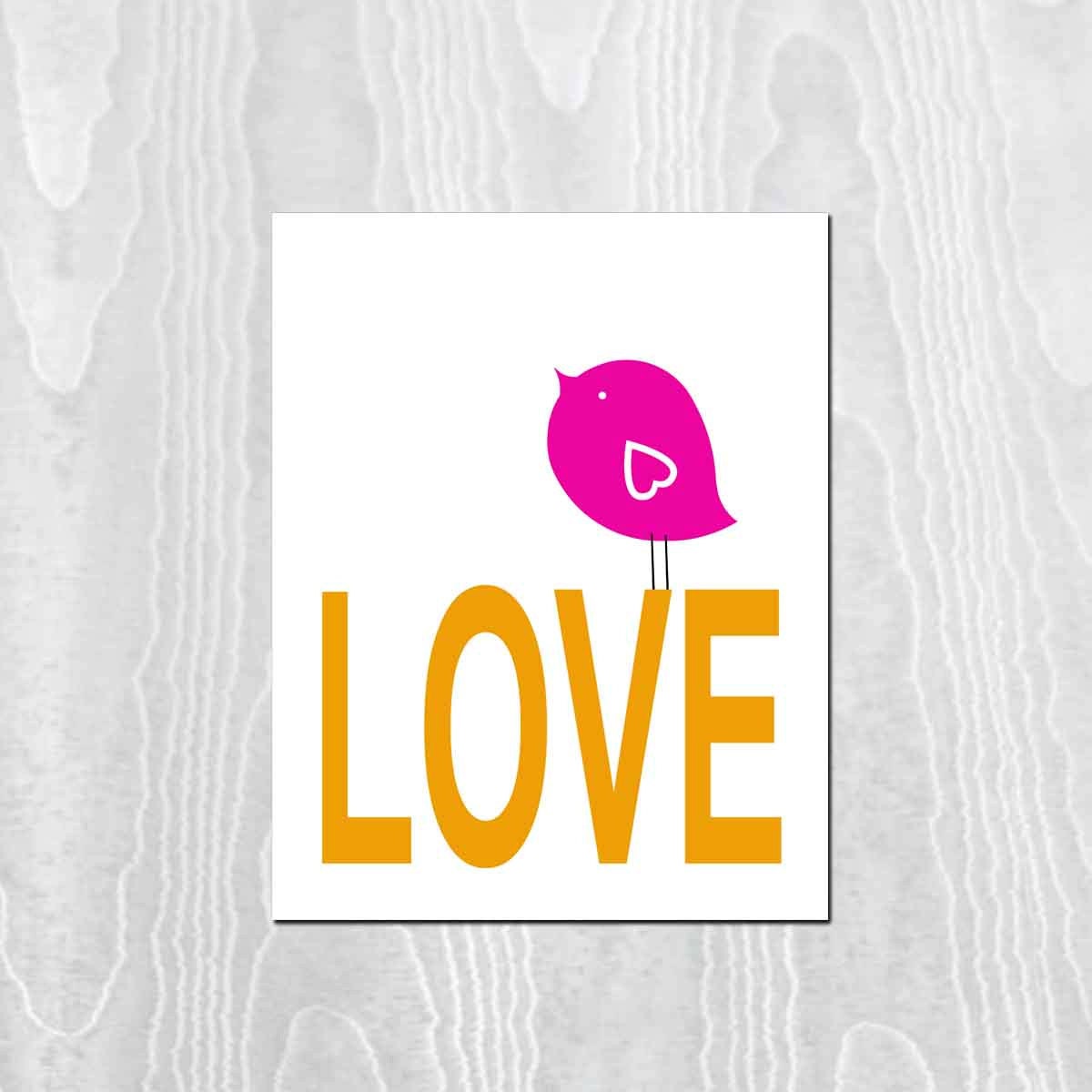 Love Print, Kids Wall Art - Children's Art Print Poster, Bird Print, 8x10Print,  Bird, Feather, Heart, Orange, Pink, Neon, Wedding Print