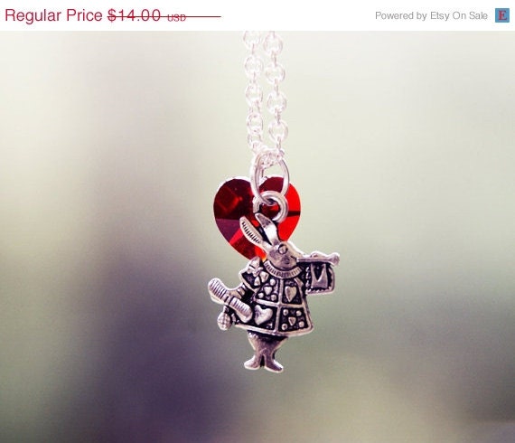 SUMMER SALE Follow The White Rabbit - Siam Red Swarovski Crystal Heart Pendent & Alice in Wonderland Charm Necklace