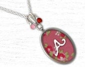 Embroidered Initial Necklace - Custom Monogram Initial Letter Hand Embroidered Pendant & Chain - Floral Pattern