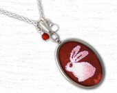 Hand Embroidered Necklace Kimono Rabbit Fabric Pendant With Chain