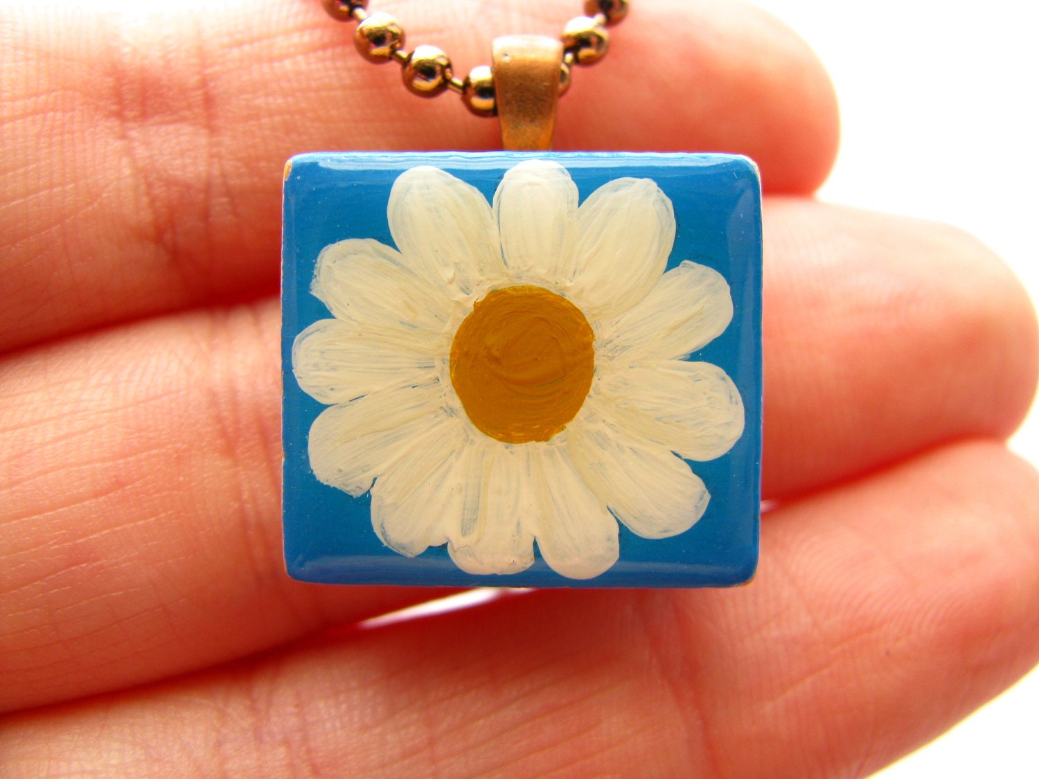 White Daisy Scrabble Tile Necklace Hand Painted on a Wooden Scrabble Tile