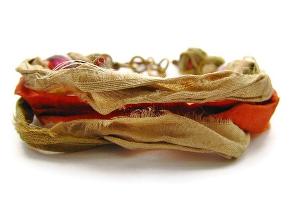 Orange and Olive Bohemian Sari Silk Bracelet With Hammered Brass Chain and Key Charm - heversonart