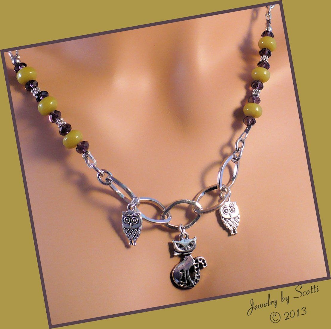 Owls and Pussycat Charm Glass Quartz Chain Necklace