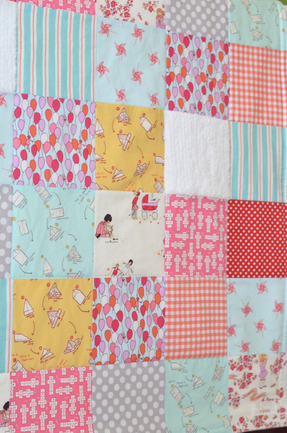 Toddler/Crib Size Children at Play Patchwork Blanket - You Pick the fabrics-Pink, Aqua, White Patchwork Baby Blanket / Quilt