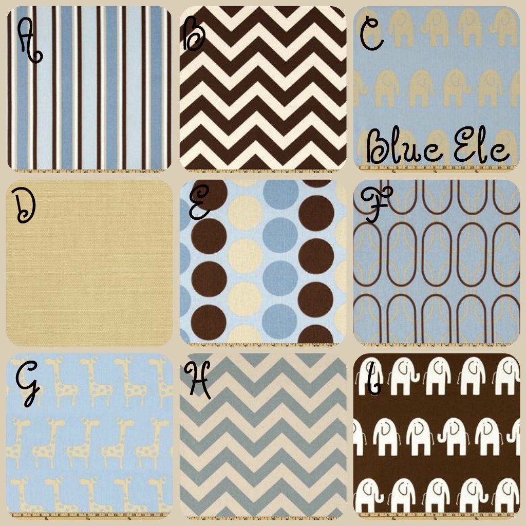 Custom Crib Bedding - 2 piece set in Blue Ele  Bumpers/Straight Box Skirt