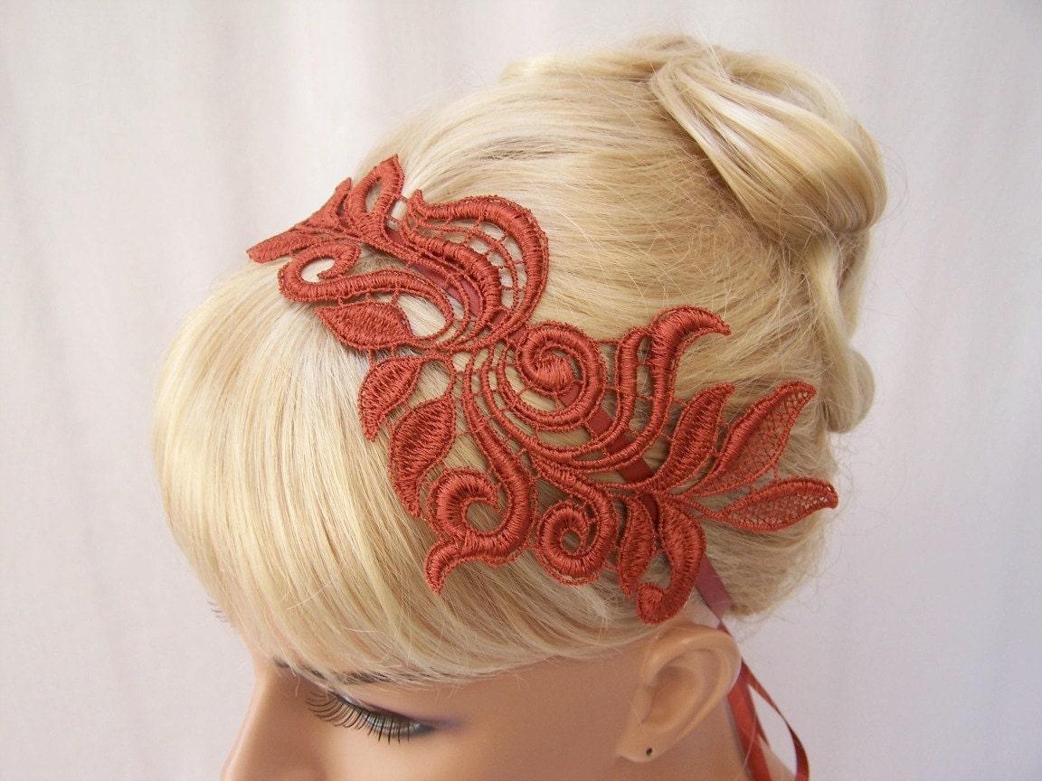 Delphinium lace headband rust with ribbon ties