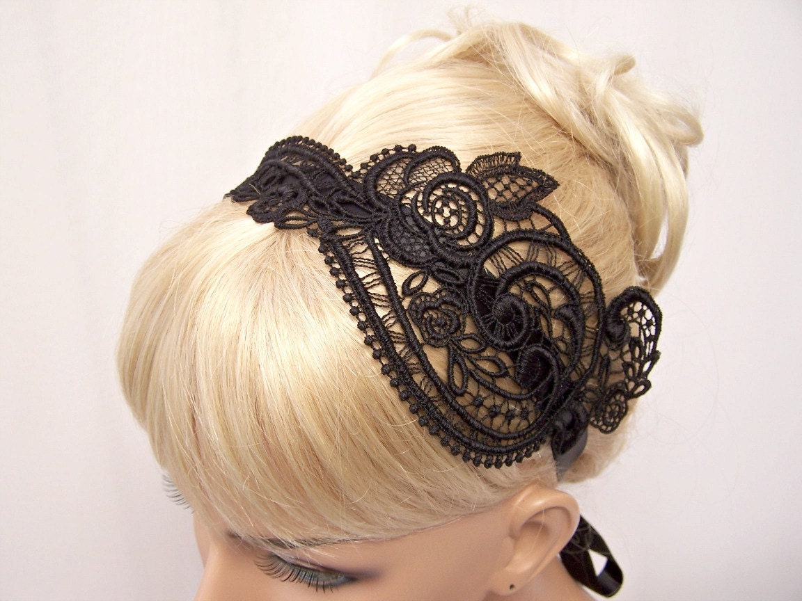 Anemone lace headband black with ribbon ties