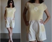 SUMMER SALE 30% OFF Vintage 80s Romper  /  1980s Sea Shell Netting Pale Yellow Cover All  /  Shorts  /  Osfm