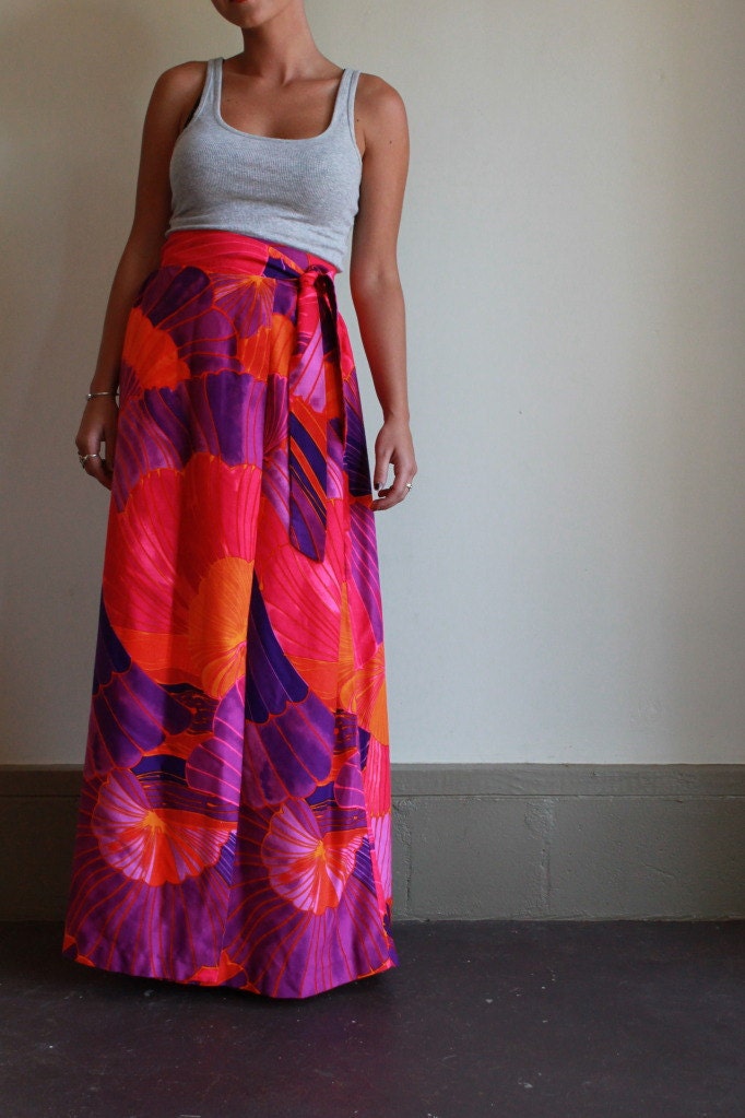 Vintage 70s Neon Maxi Skirt / Floral High Waisted Maxi Wrap Skirt / Extra Small XS