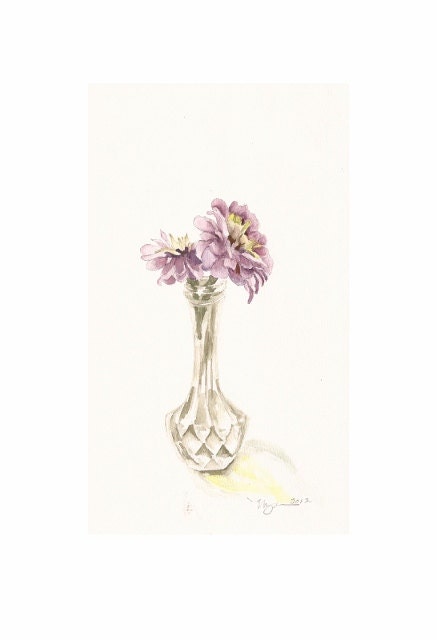 Zinnias in a Crystal Vase, Print of Watercolor, 8" x 11"