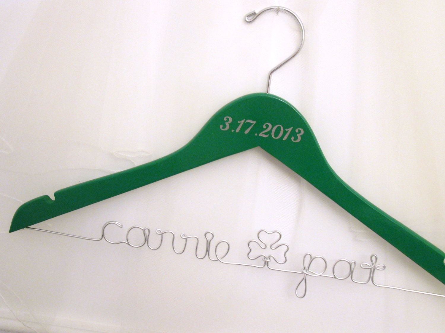 Personalized Bridal Hanger with Date - Shamrock Green or painted another Wedding Color, Clover - Suspended Moments