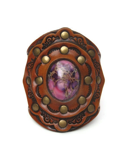 Leather Cuff Purple Imperial Jasper Stone Tooled Design Wide Boho Karen Kell Collection
