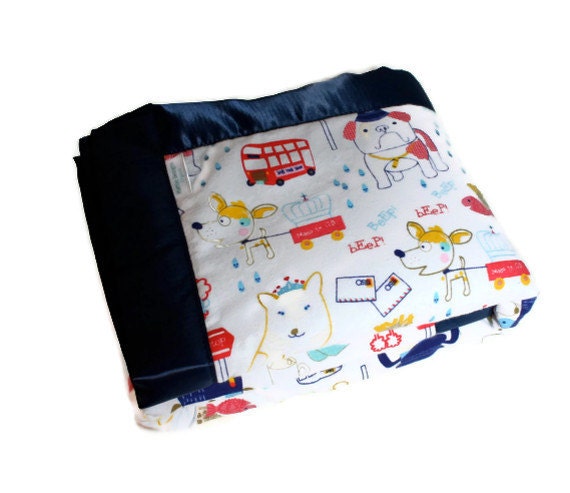 Baby Blanket in Flannel and Minky with Fun British Dogs in Sea Blue and White