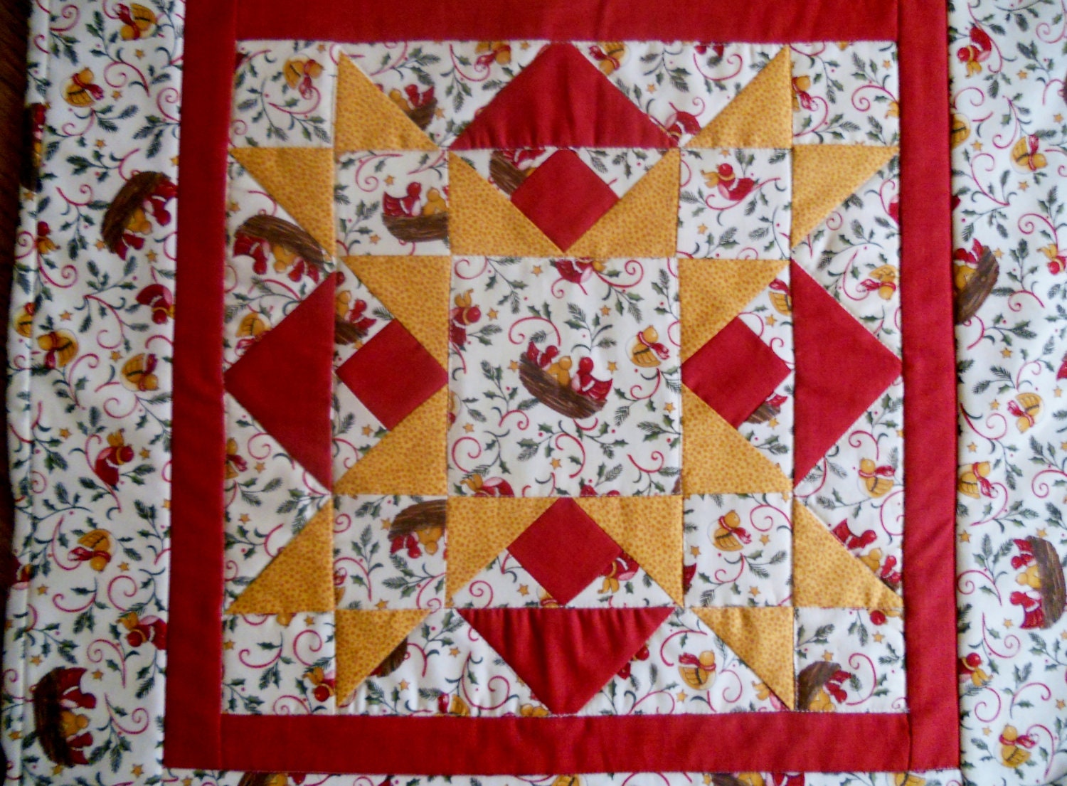 Sweet Birds Quilted Table Topper Candle Mat Red and Gold