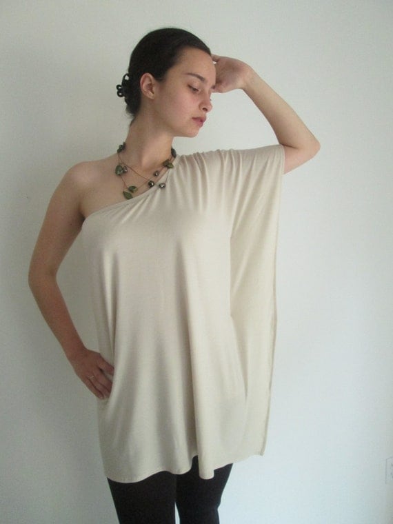 Shoulderless Caftan Shirt with Built-In Cami in Lightweight Jersey Knit/Color Papyrus - Size M