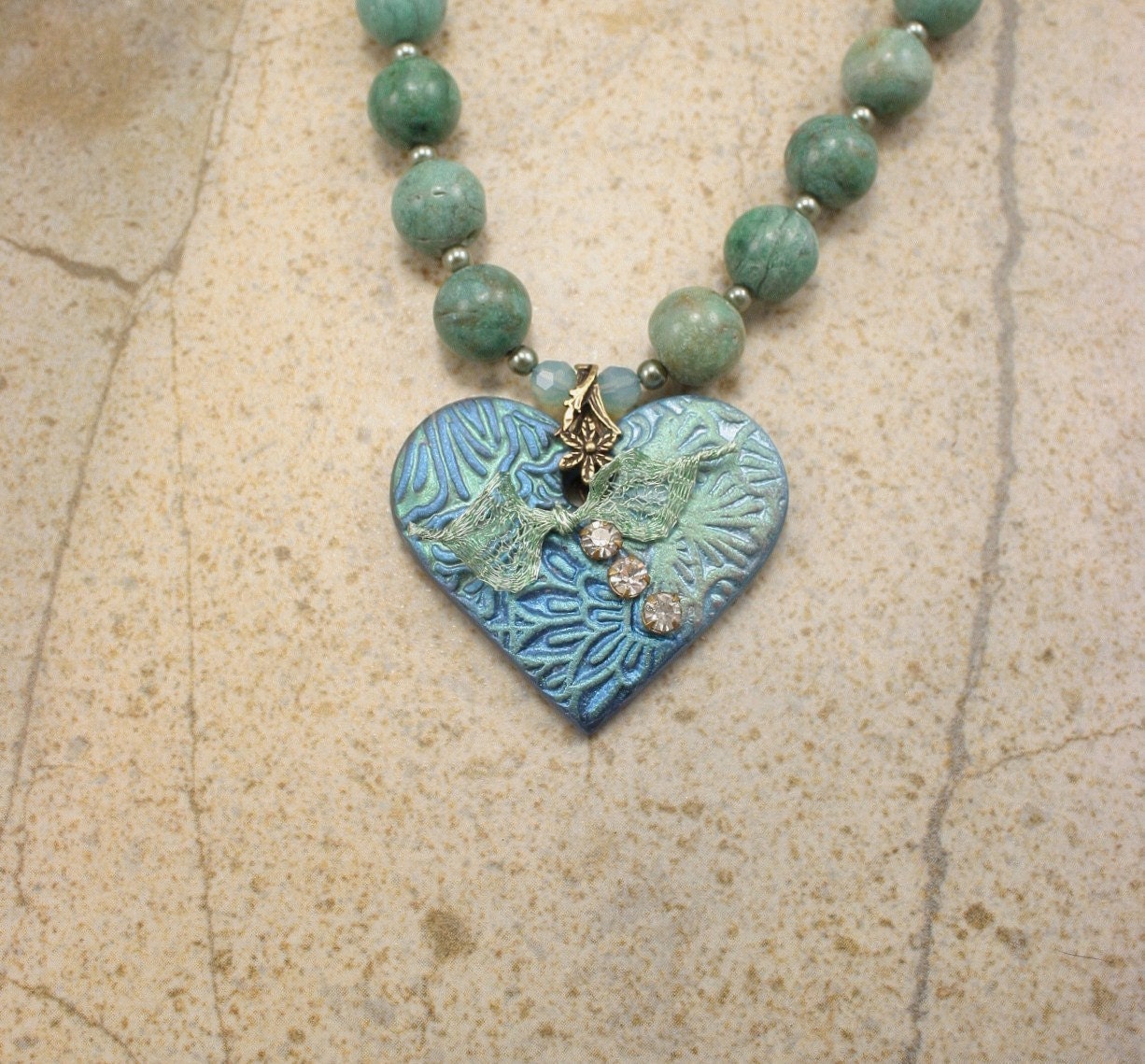 Unique Heart Necklace Dragon's Blood Jasper Brass Blue Seafoam Mint Green Heart Jewelry