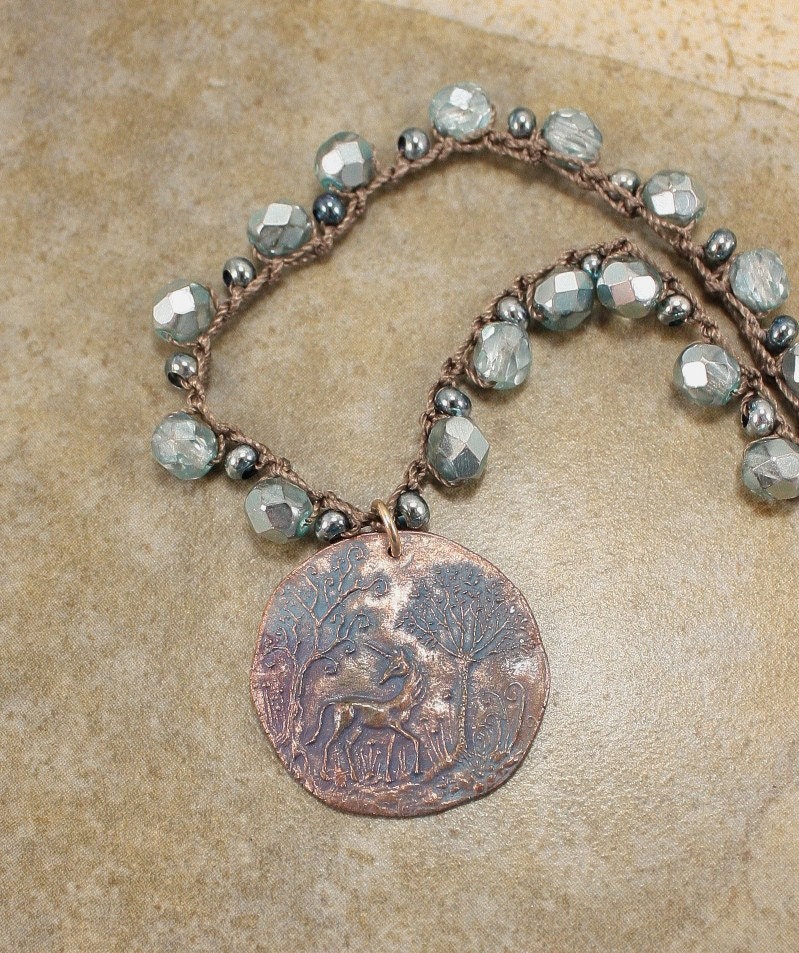 Unicorn Necklace Aristan Shibuichi Steel Blue Crocheted Crystal Necklace One of a Kind Unicorn Jewelry
