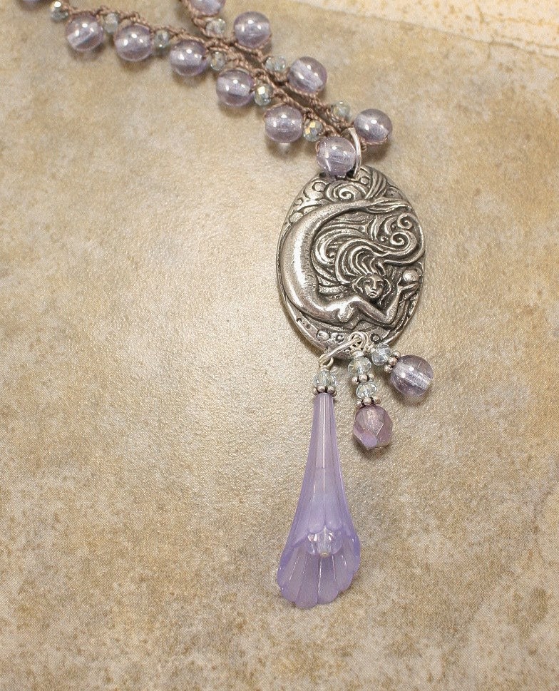 Mermaid Necklace Artisan Pewter Lavender Crystals Flower Crochet Necklace One of a Kind Mermaid Jewelry
