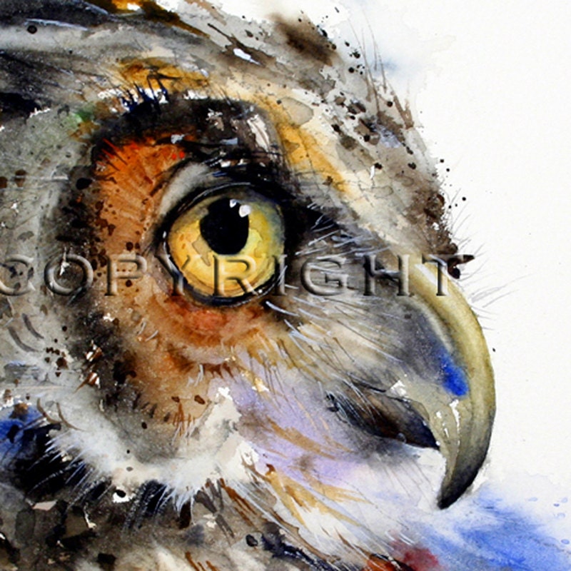 GREAT HORNED OWL Large Watercolor Print by Dean Crouser