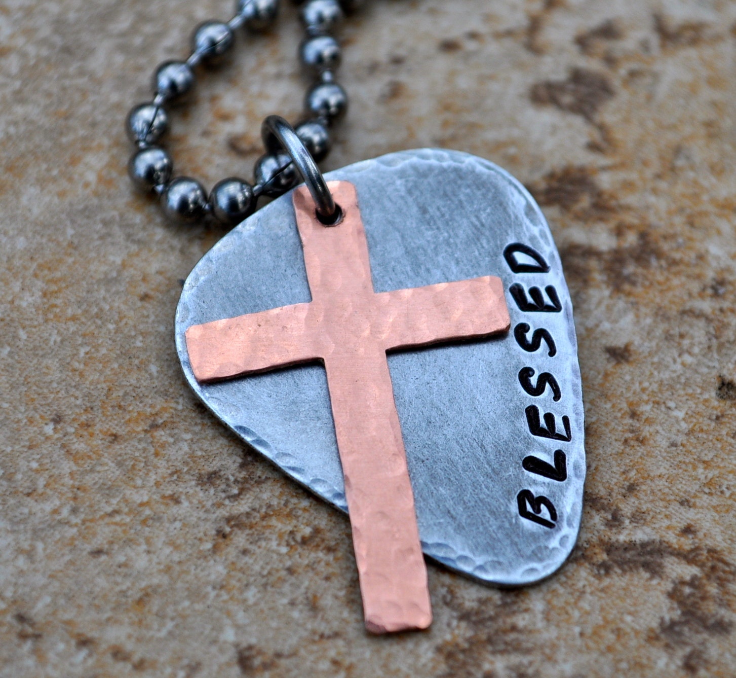 Hand-stamped Guitar Pick Necklace with Cross