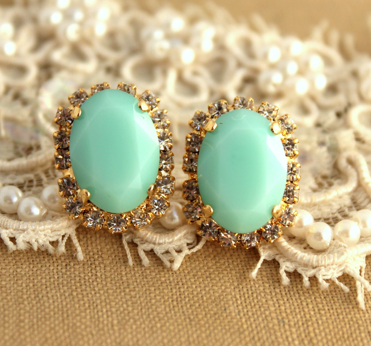 Mint green Crystal big oval stud earring - 14k plated gold post earrings real swarovski rhinestones .