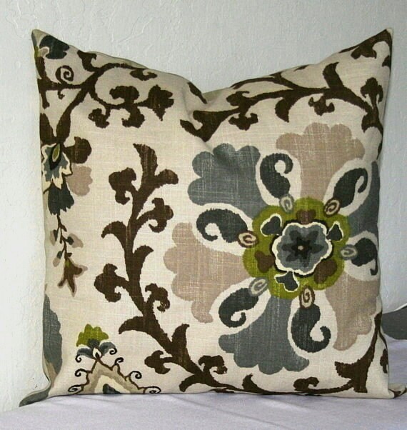 Suzani Linen Beige Gray Chocolate Lumbar Decorative by PatsTable