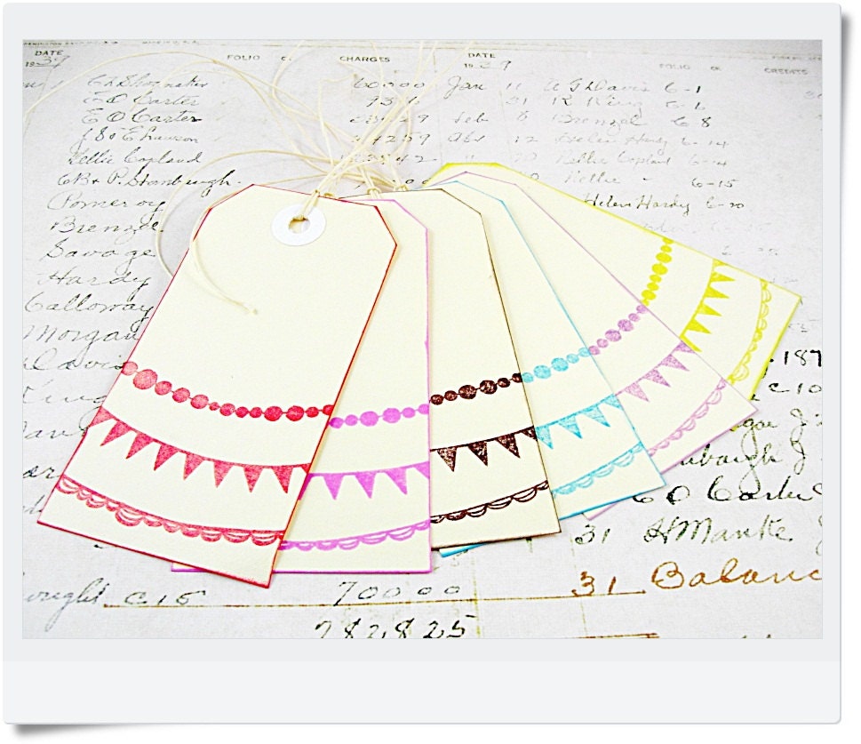 Party Bunting Hand Stamped Gift Tags Shipping Tags Rainbow Colors - Set of 6