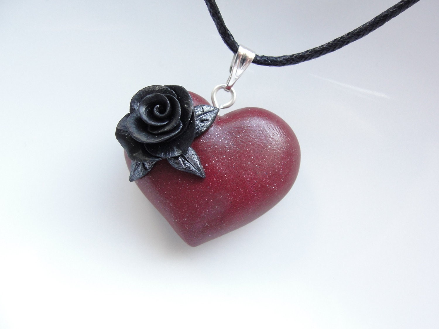 Burgundy heart pendant with black rose on black cotton cord necklace