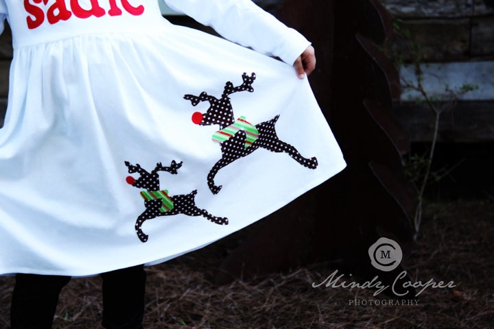 Toddler Christmas Dress - Personalized Christmas Dress- Reindeer Appliqué Dress
