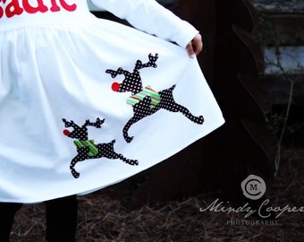 Christmas Dress - Personalized Christmas Dress- Reindeer Appliqué Dress