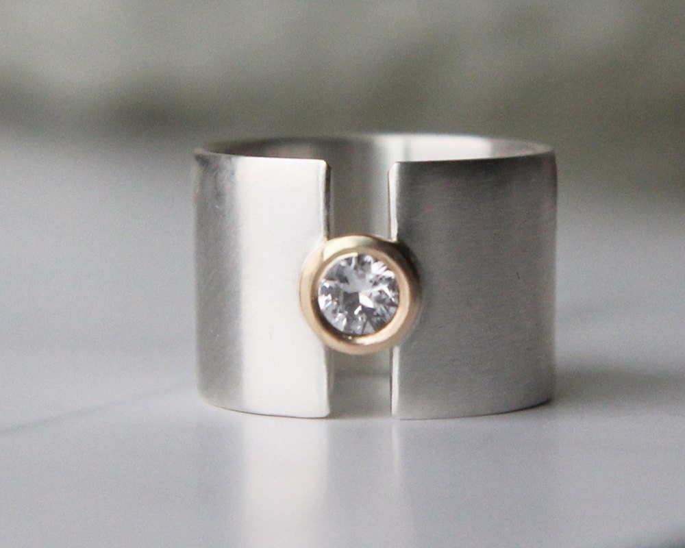 engagement ring - weddding band - modern white sapphire sterling silver and gold - wide band "lunar eclipse" handmade by lolide