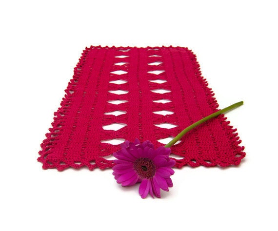 Crochet table runner centerpiece doily coaster russet red cotton with openwork diamonds