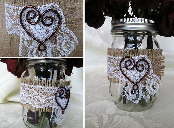 6 Burlap and Lace Mason Jars Accented with Copper Wire Heart - Rustic Wedding, Shabby Chic Wedding, Wedding Decoration