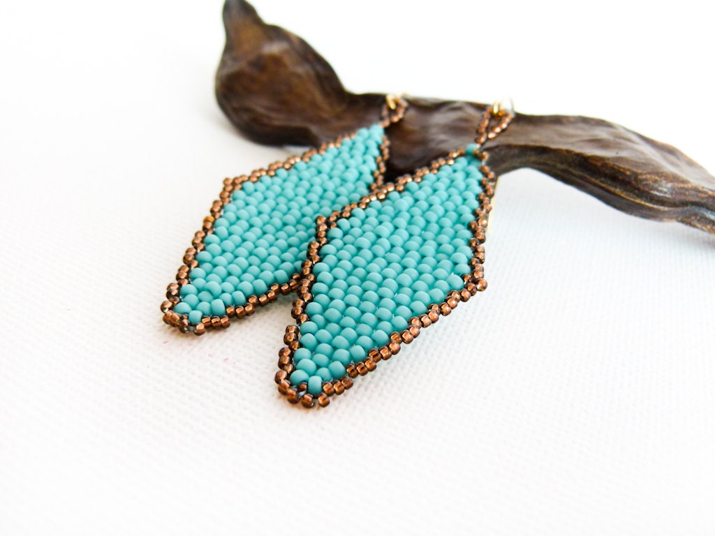 Turquoise jewelry geometric rhombus dangle earrings. Beaded diamond shape, Oriental jewelry
