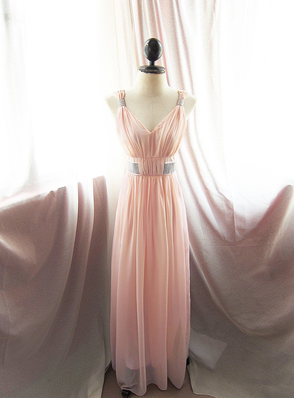 Great Gatsby Egyptian Goddess Pink Rose Blush Chiffon Long Dress Dreamy Flowy Alice in Wonderland Marie Antoinette Elegant Jane Austen Gown