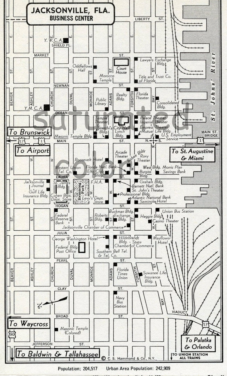 Jacksonville, FL Florida map - Vintage 1950s Original Heart of Jacksonville - Wonderful Old  Landmarks & Details