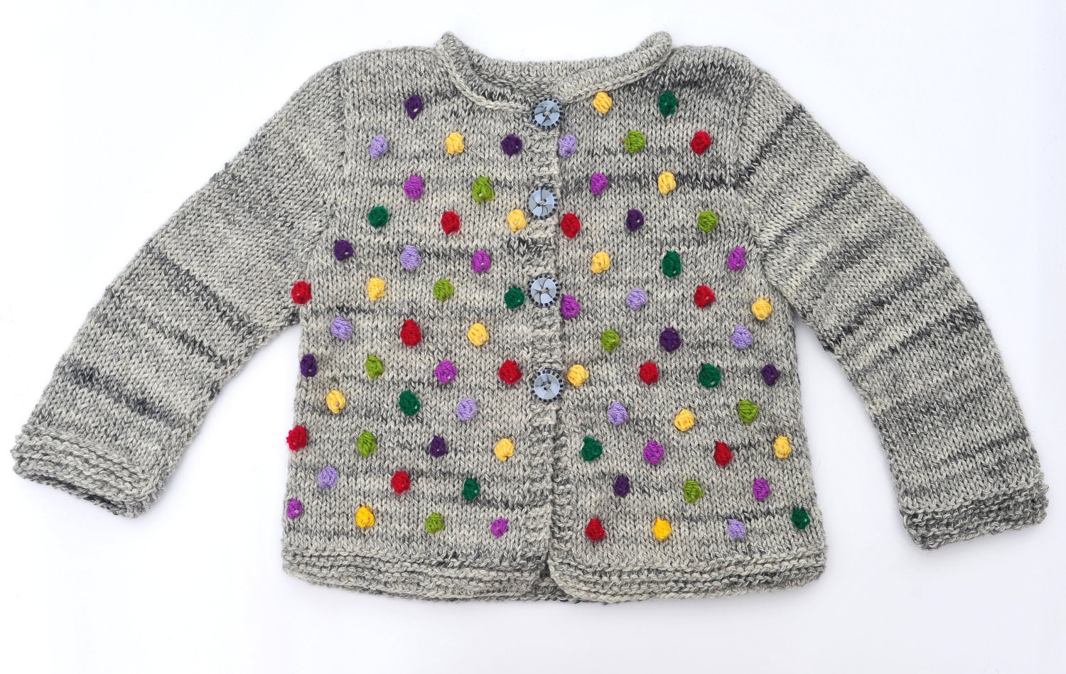 Girls sweater / jacket knitted cardigan grey wool winter warm knitting Red Purple Yellow Green Bobbles, Baby and toddler, Made to order - SweetMeadowSweet