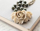 Rose Pendant Necklace, Tan Taupe Rose Dark Green Khaki Green Pearl Beads Large Flower Vintage Style Long Statement Necklace, Resin Jewelry