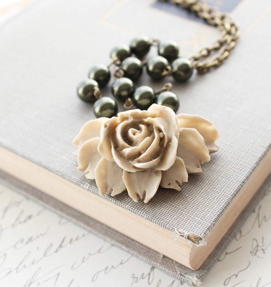 Rose Pendant Necklace, Tan Taupe Rose Dark Green Khaki Green Pearl Beads Large Flower Vintage Style Long Statement Necklace, Resin Jewelry