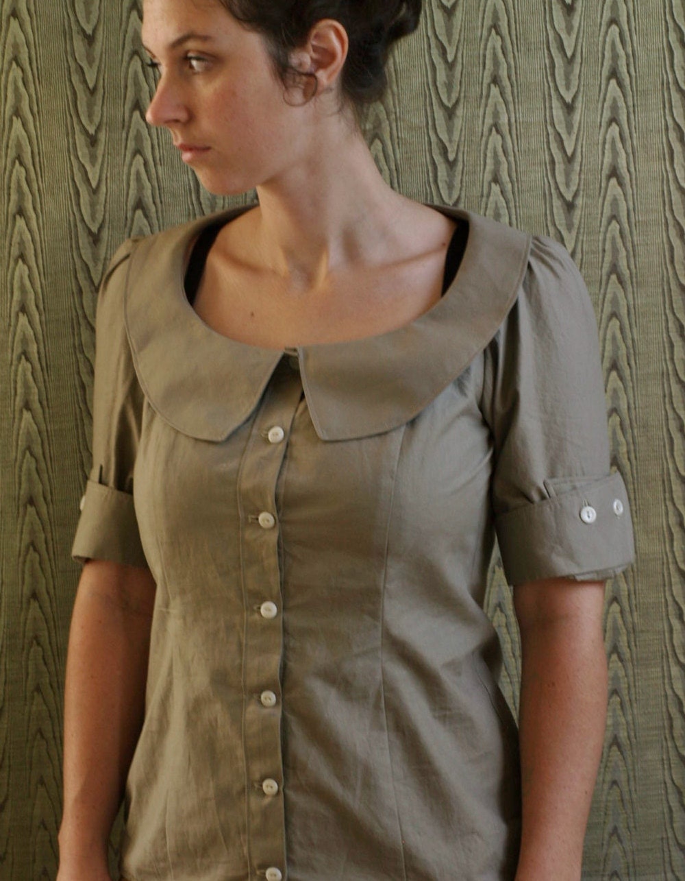 Button front cotton blouse with pointed peter pan collar and button cuff sleeves- custom made to your measurements-