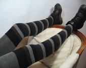 Striped Thigh Highs Over the Knee Socks Leg Warmers Black Navy Blue Stripe Wool Boot Sock B608