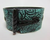 BOHO Gypsy Leather Cuff Bracelet Hand Painted Turquoise Blue Black Belt Wristband