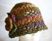 Elegant womens hat, Lace crochet multi colored Cloche Hat,  Romantic Lace Beanie with Crochet Flower,  Vintage style hat