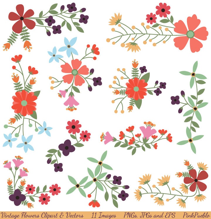 Vintage Flowers Clipart Clip Art and Vectors, Flower Decoration Clipart Clip Art - Commercial and Personal