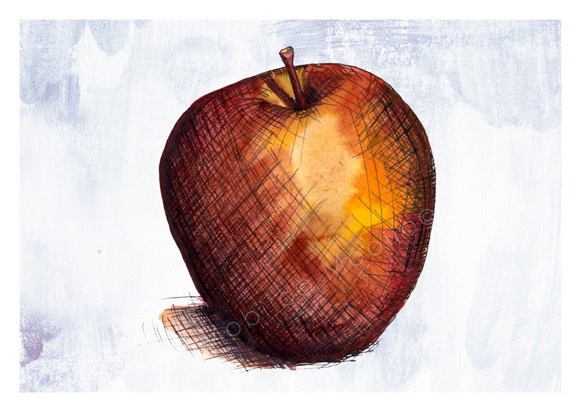 Apple illustration postcard-with envelope-print from original ink and watercolor illustration