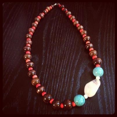 FREE SHIPPING:  Wood Bead, Orange and Turquoise Statement Necklace