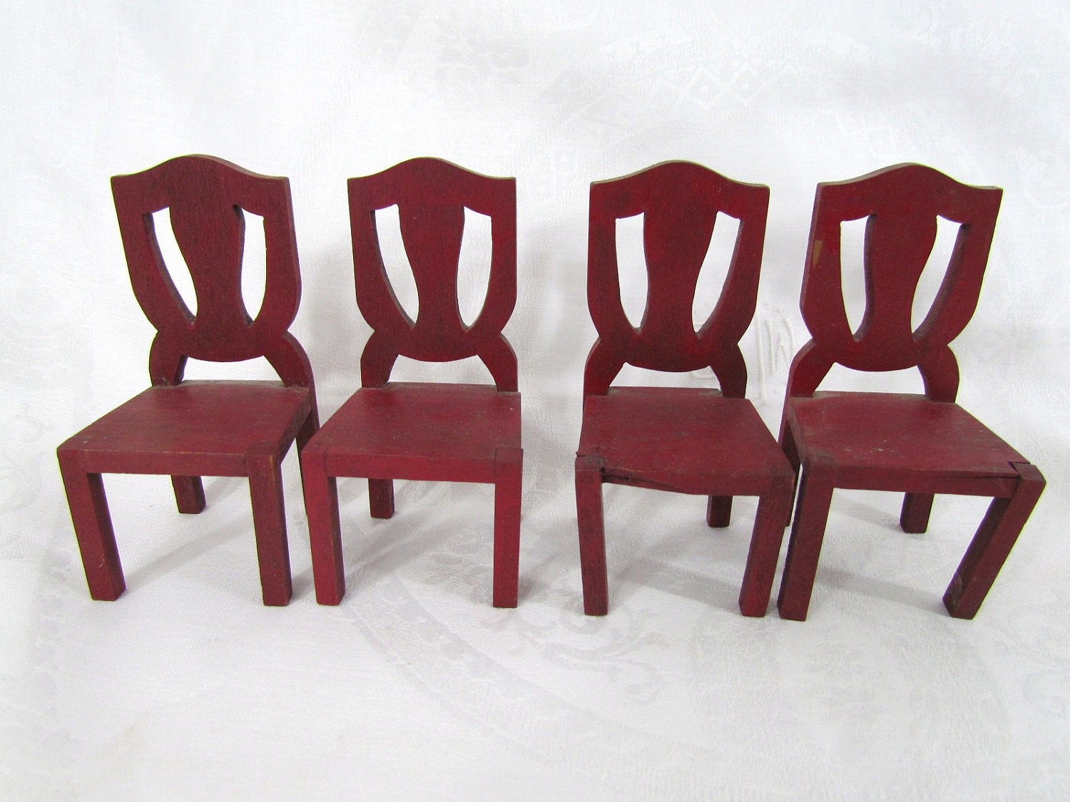 Vintage Dollhouse Chairs Traditional Dinning Room Style Wooden Painted Red Miniature Doll Furniture