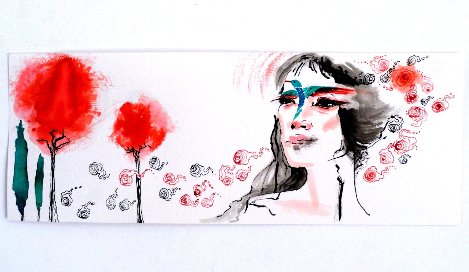 Original Hummingbird Red Green Ink Illustration Drawing by juliacalimera
